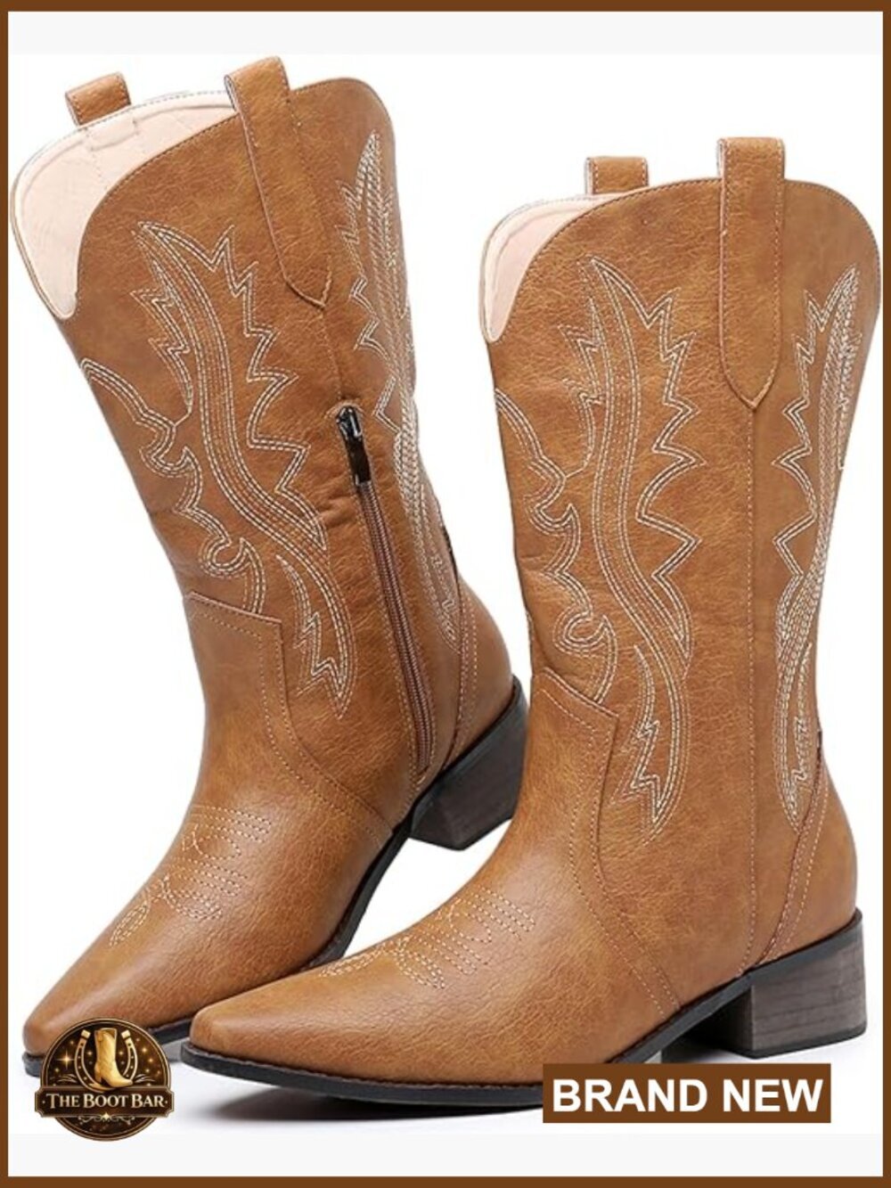 Mid Calf Pointed Toe Chunky Heel Side Zip Embroidered Western Cowgirl Boots